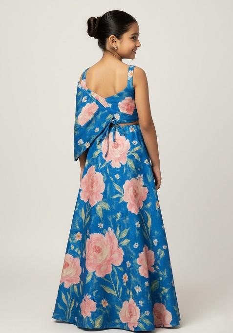 Blue Satin Floral Print Fusion Set For Girls