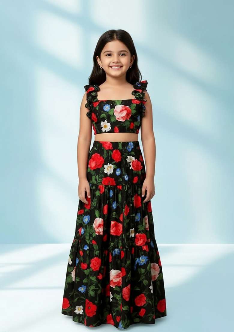 Black Silk Floral Print Fusion Set For Girls - Indya