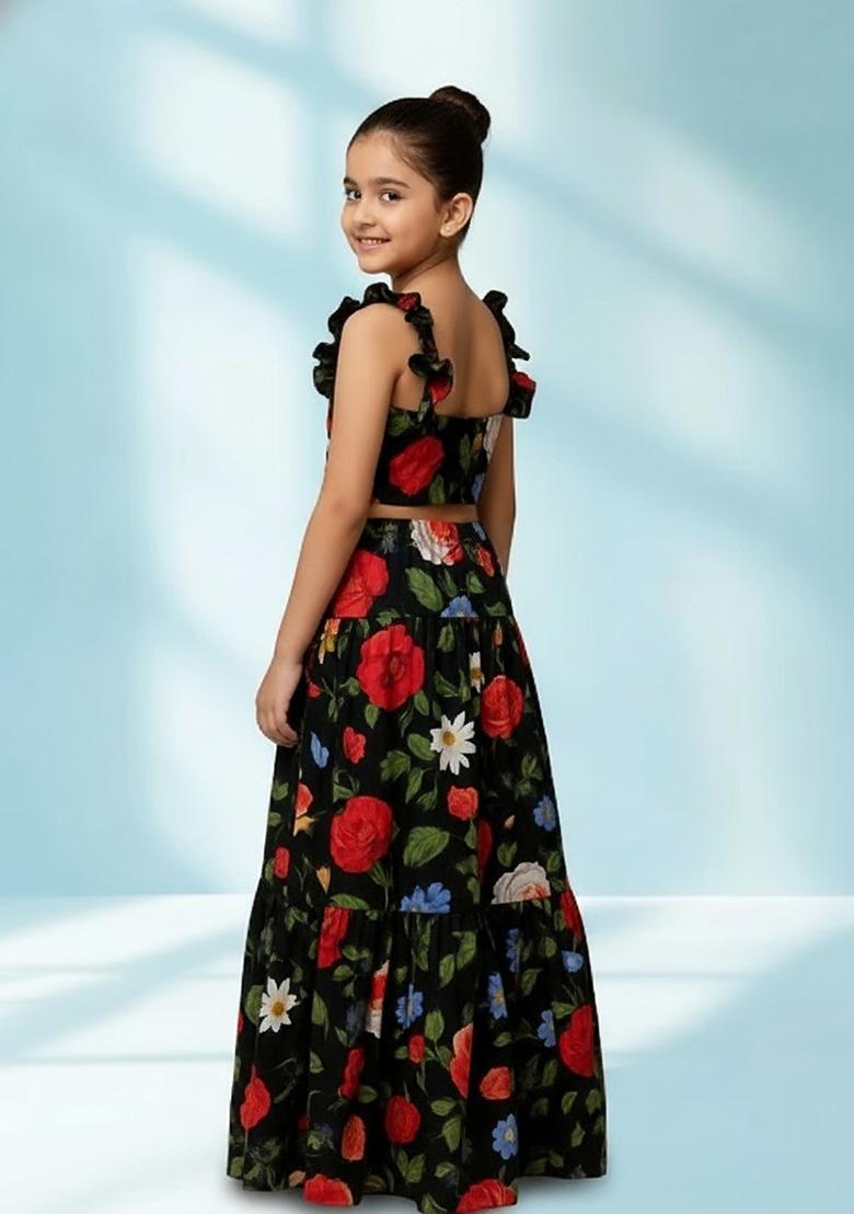 Black Silk Floral Print Fusion Set For Girls - Indya