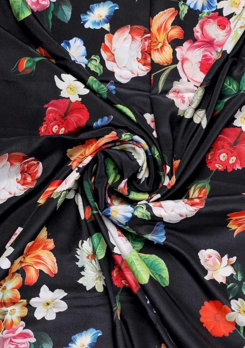 Black Silk Floral Print Fusion Set For Girls - Indya