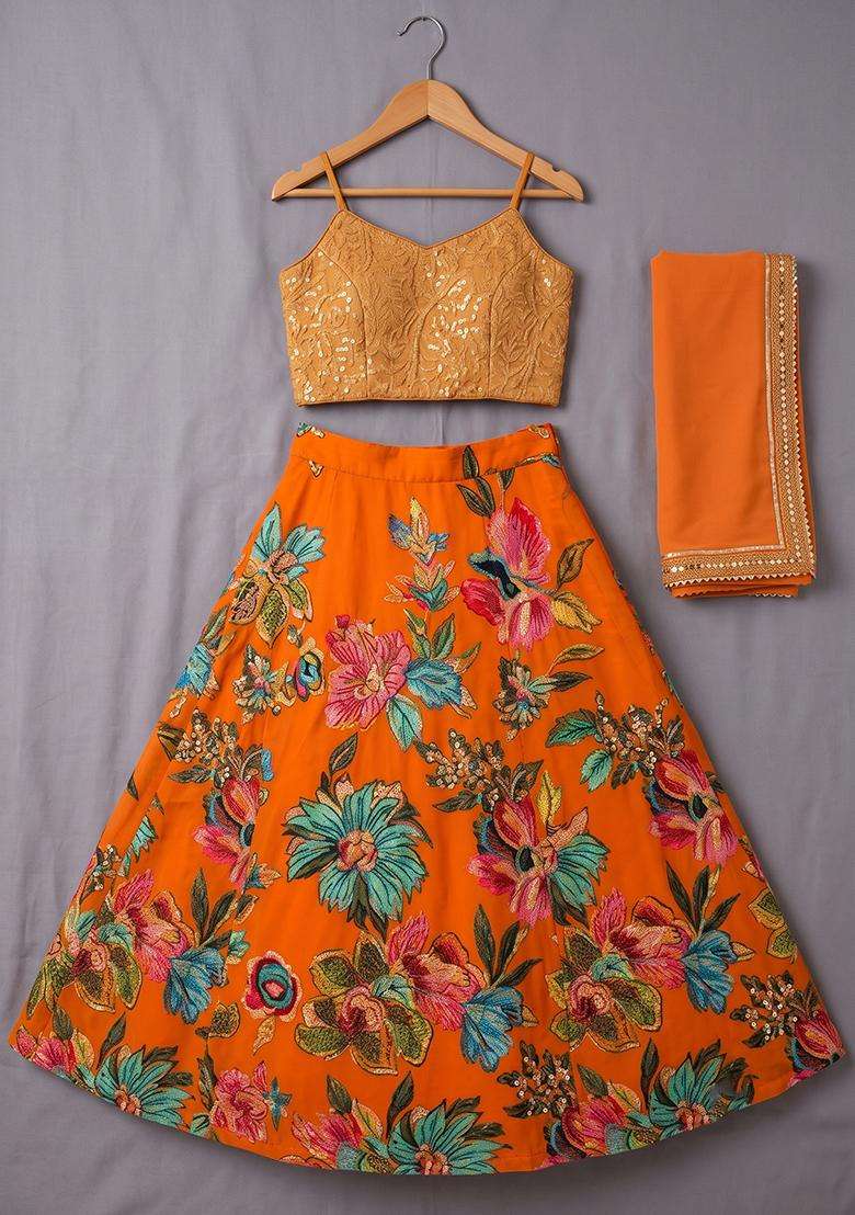 Orange Organza Embroidered Lehenga Set For Girls - Indya