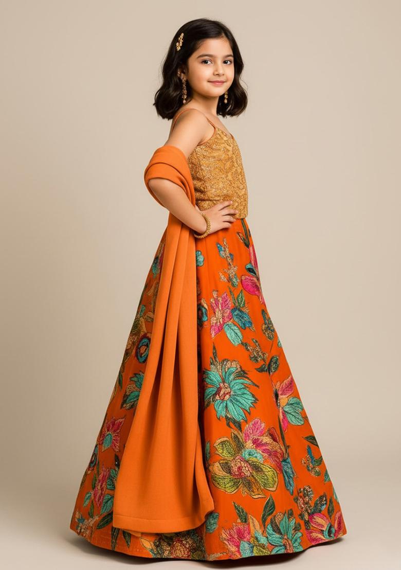 Orange Organza Embroidered Lehenga Set For Girls - Indya
