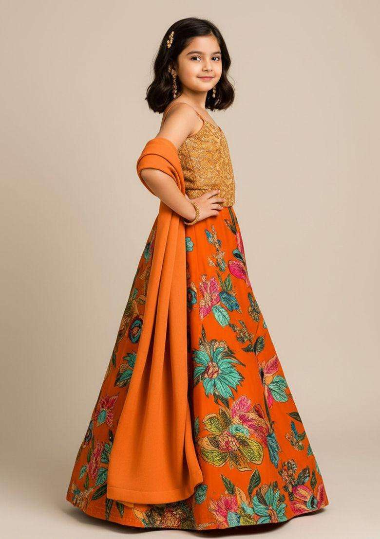 Orange Organza Embroidered Lehenga Set For Girls - Indya