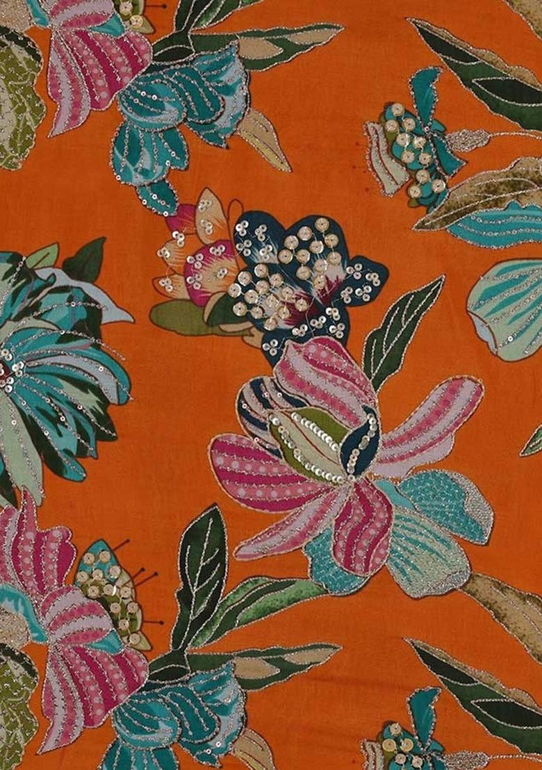 Orange Organza Embroidered Lehenga Set For Girls - Indya