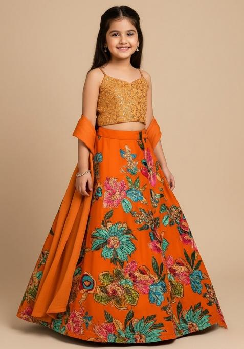 Orange Organza Embroidered Lehenga Set For Girls