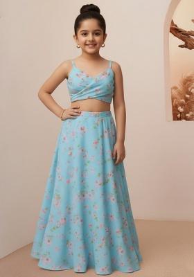Blue Silk Floral Print Lehenga Set For Girls