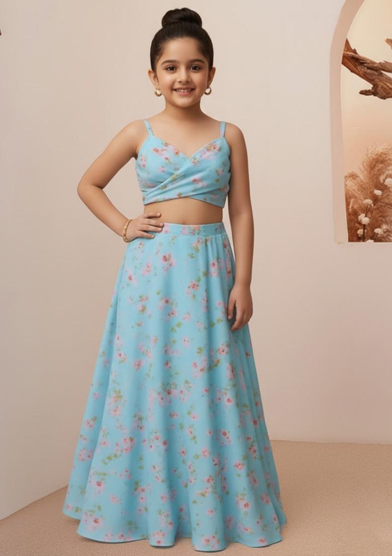 Blue Silk Floral Print Lehenga Set For Girls