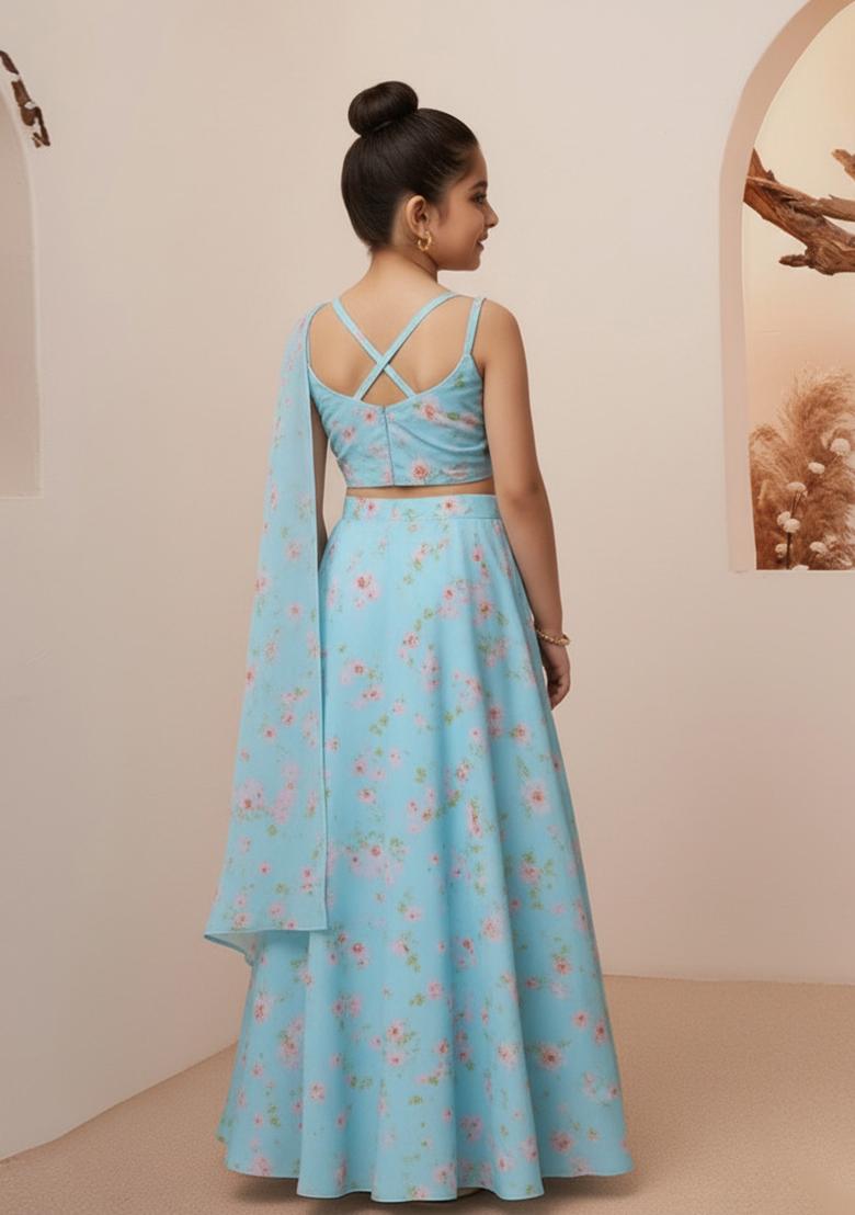 Blue Silk Floral Print Lehenga Set For Girls