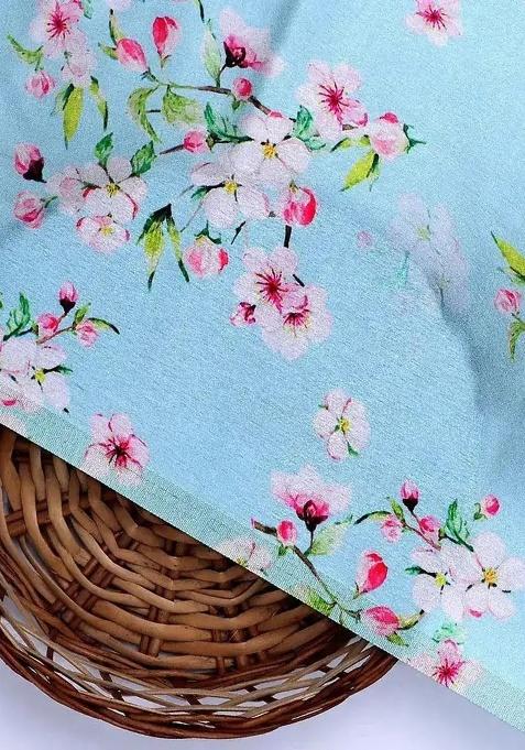 Blue Silk Floral Print Lehenga Set For Girls