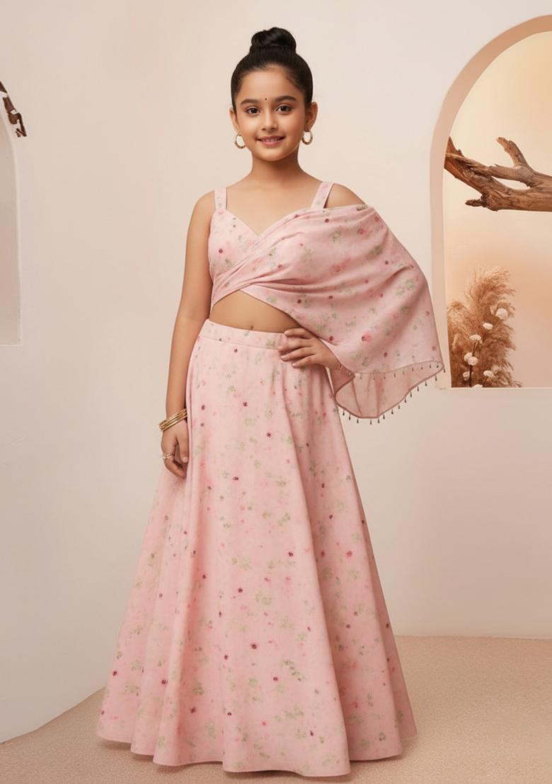 Pink Silk Floral Print Lehenga Set For Girls