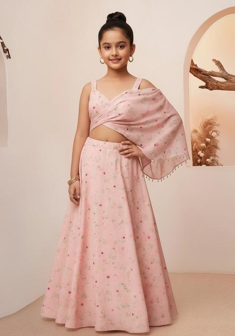Pink Silk Floral Print Lehenga Set For Girls