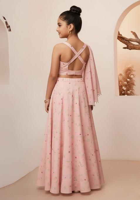 Pink Silk Floral Print Lehenga Set For Girls