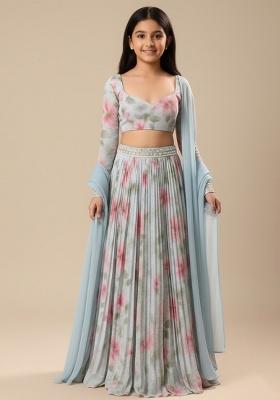 Blue Floral Print Lehenga Set For Girls