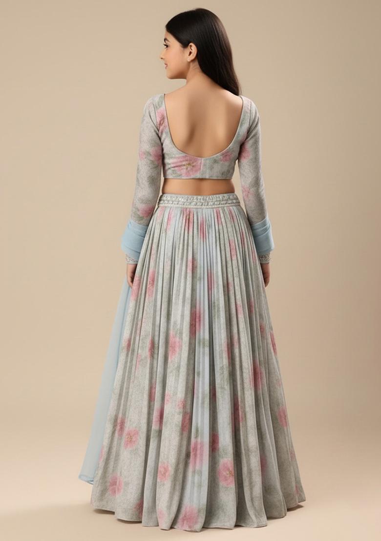 Blue Floral Print Lehenga Set For Girls