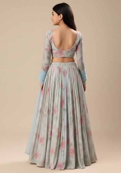 Blue Floral Print Lehenga Set For Girls