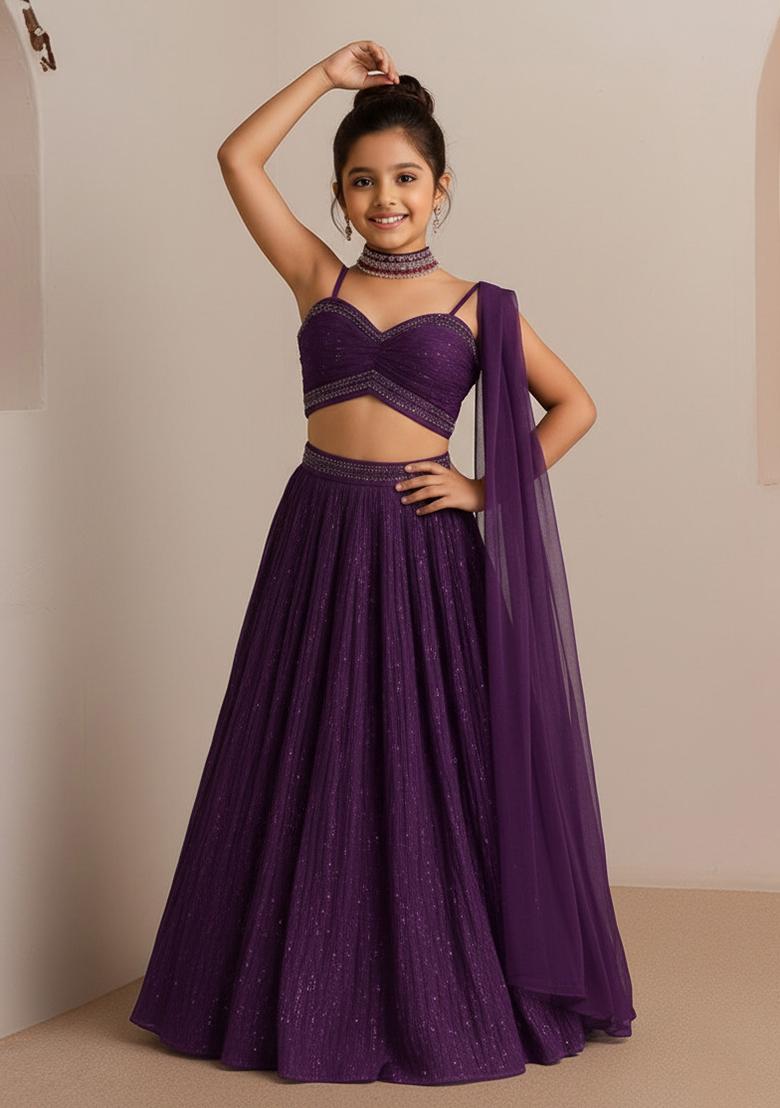 Purple Embellished Lehenga Set For Girls