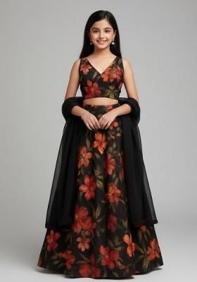 Black Chiffon Floral Print Lehenga Set For Girls