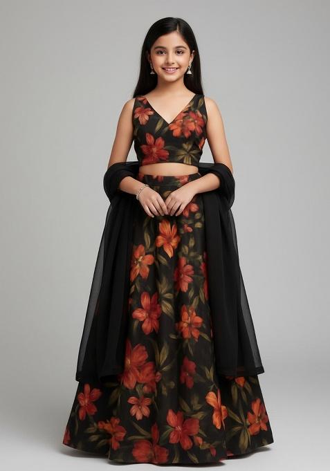 Black Chiffon Floral Print Lehenga Set For Girls