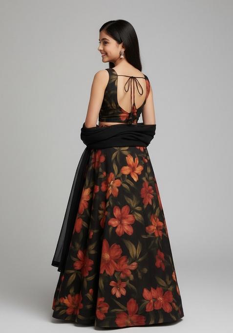 Black Chiffon Floral Print Lehenga Set For Girls