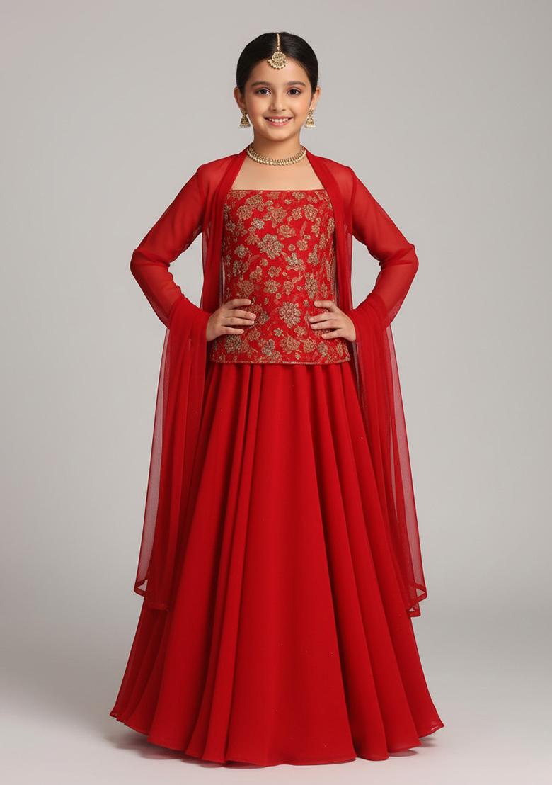 Red Georgette Embroidered Lehenga Set For Girls