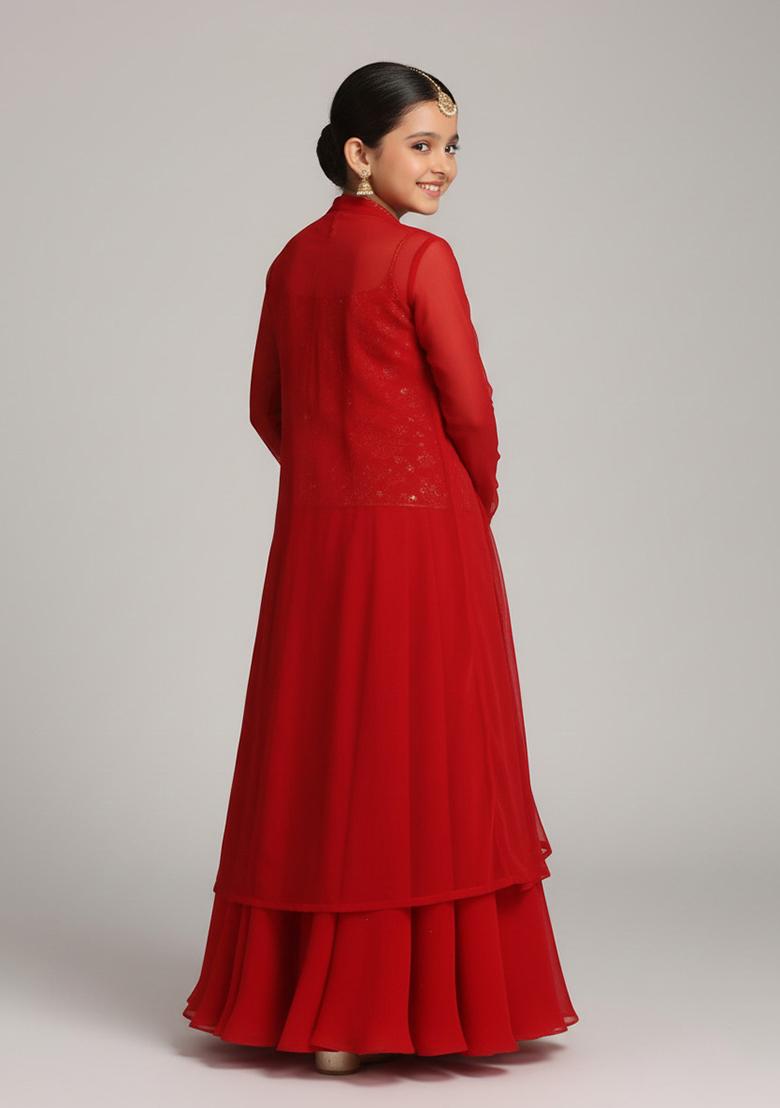 Red Georgette Embroidered Lehenga Set For Girls - Indya