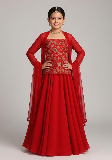 Red Georgette Embroidered Lehenga Set For Girls