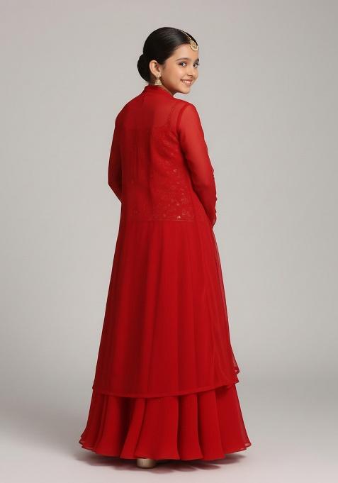 Red Georgette Embroidered Lehenga Set For Girls