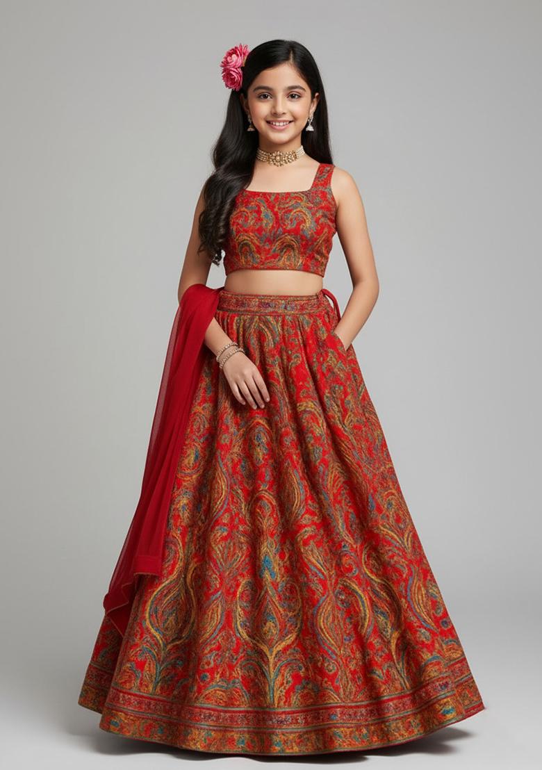 Red Satin Floral Print Lehenga Set For Girls