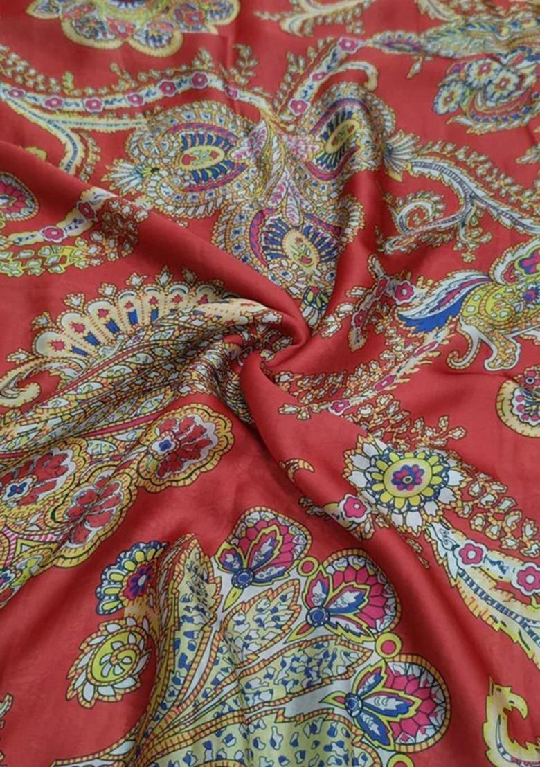 Red Satin Floral Print Lehenga Set For Girls