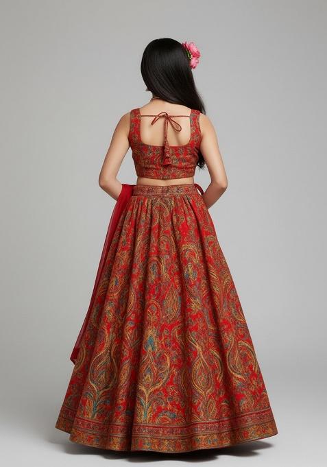 Red Satin Floral Print Lehenga Set For Girls