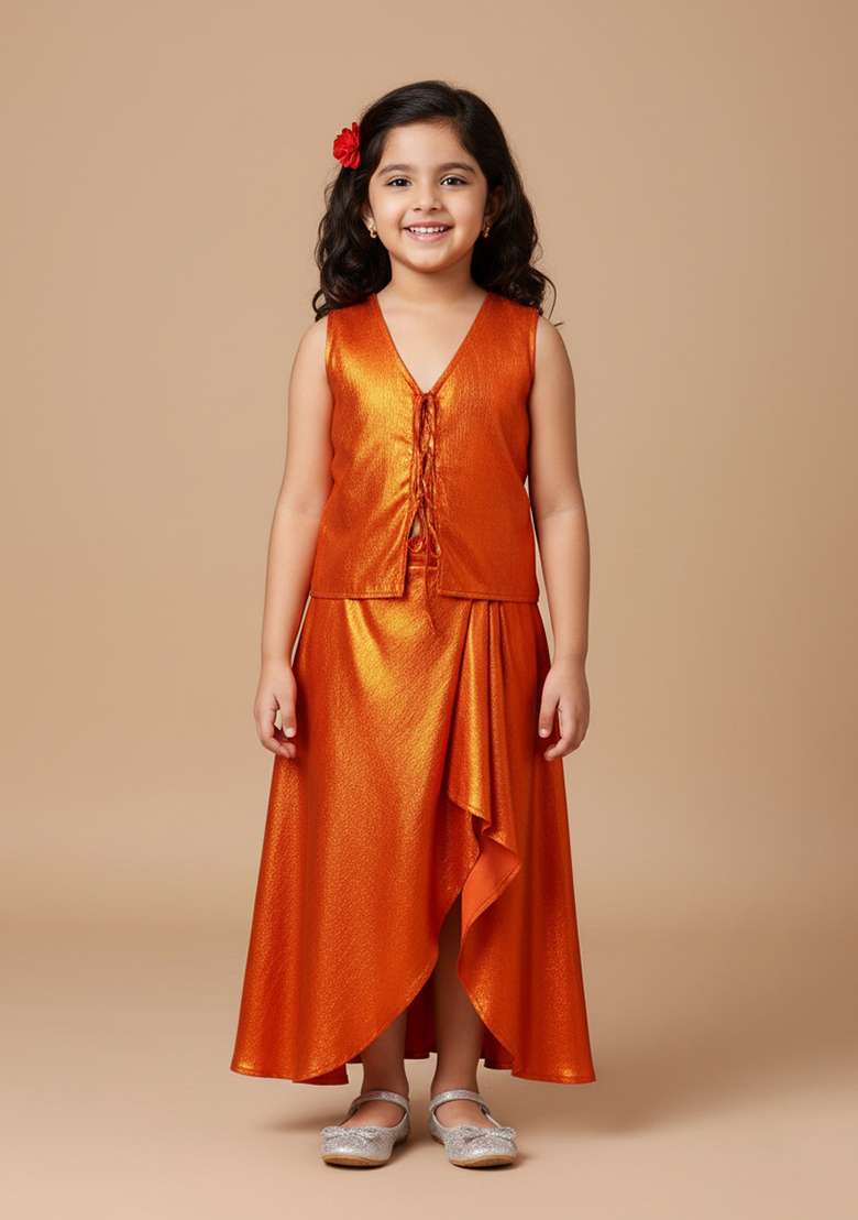 Red Satin Foil Print Fusion Set For Girls - Indya