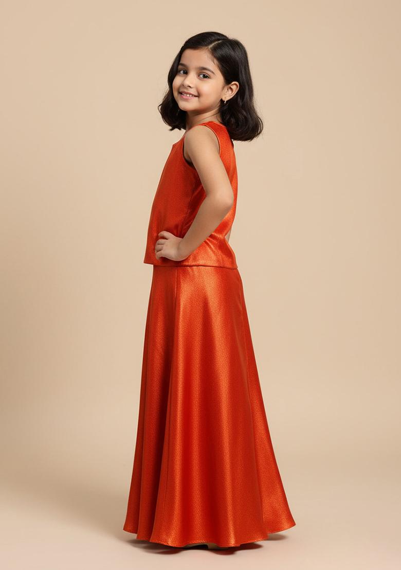 Red Satin Foil Print Fusion Set For Girls - Indya