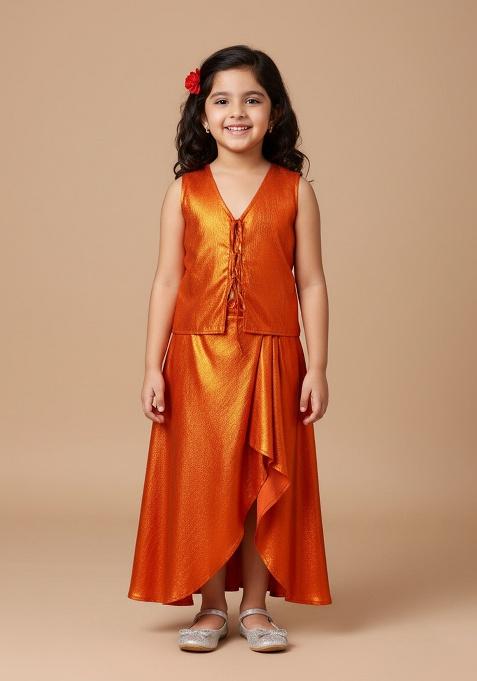 Red Satin Foil Print Fusion Set For Girls