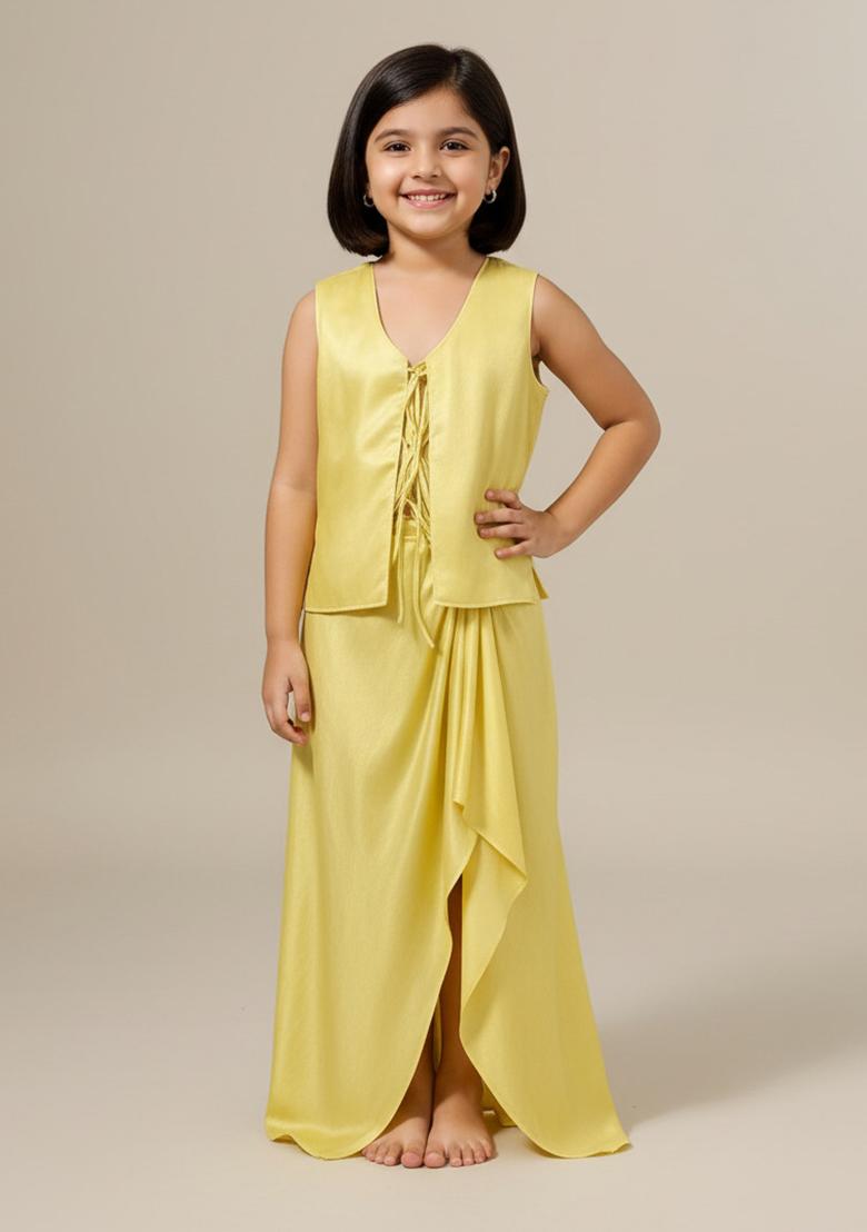 Yellow Satin Textured Fusion Set For Girls