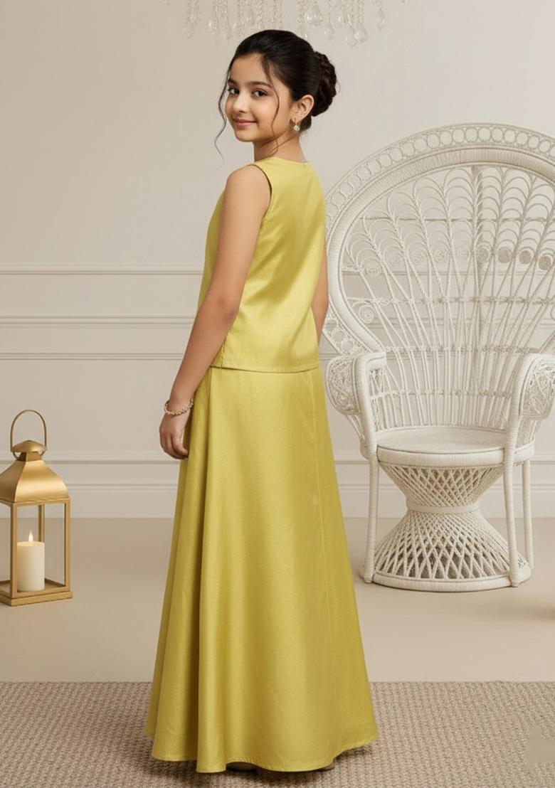 Yellow Satin Textured Fusion Set For Girls