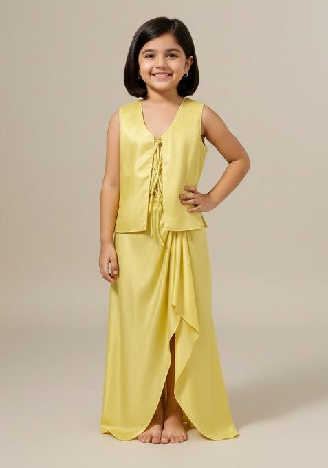 Yellow Satin Textured Fusion Set For Girls