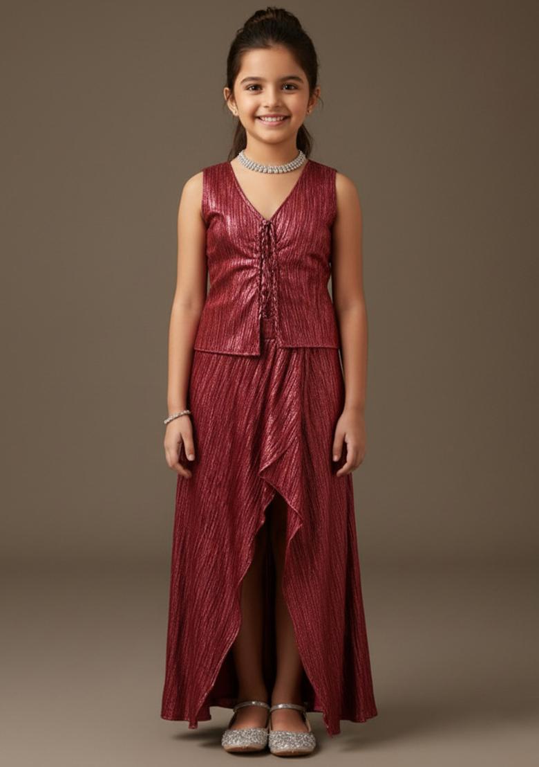 Maroon Satin Textured Fusion Set For Girls