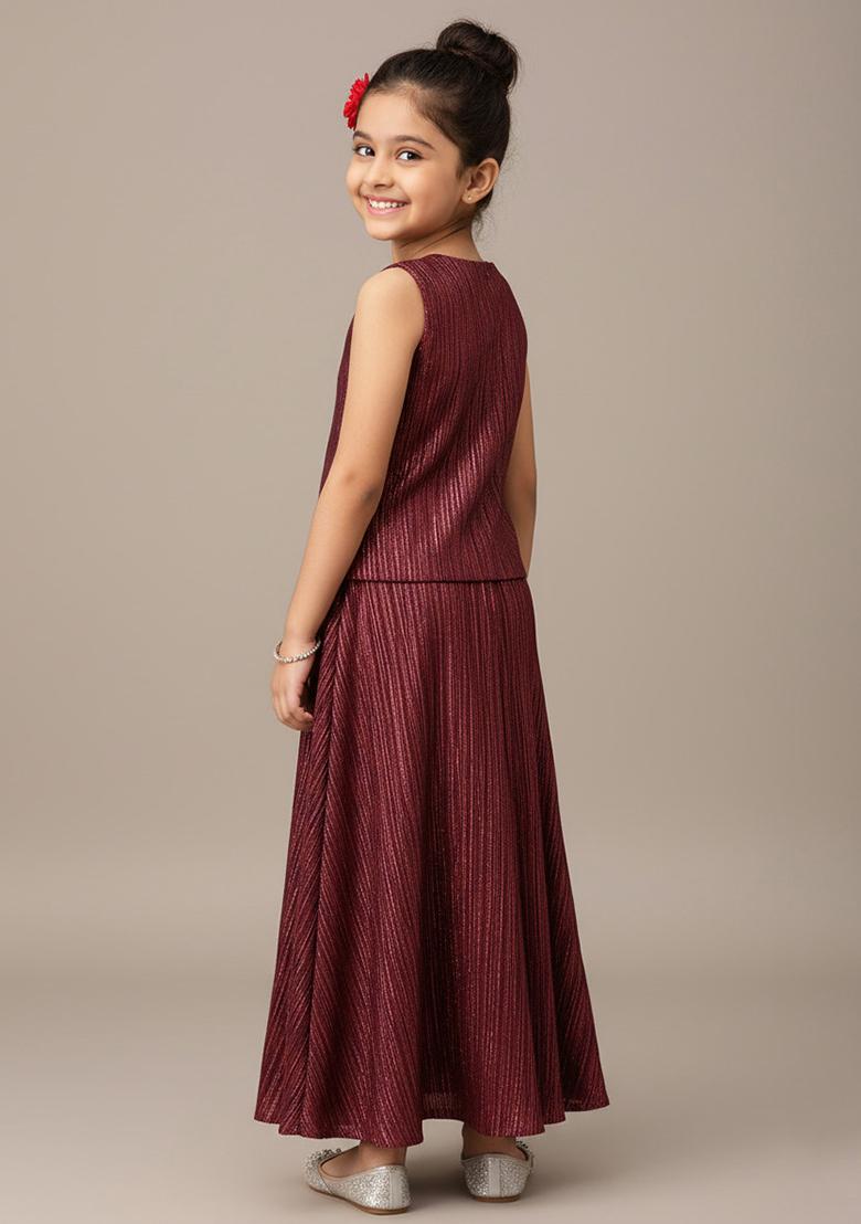 Maroon Satin Textured Fusion Set For Girls - Indya