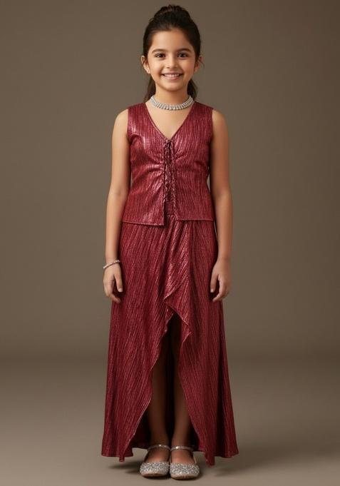 Maroon Satin Textured Fusion Set For Girls