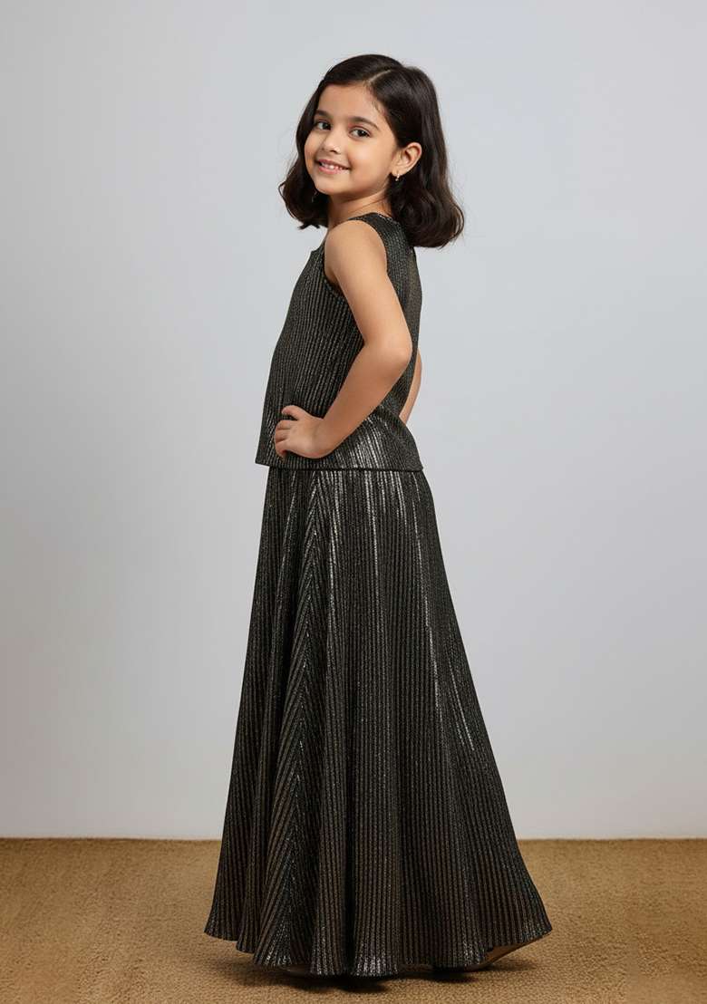 Black Satin Textured Fusion Set For Girls - Indya