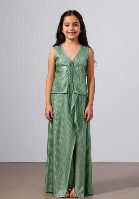 Green Satin Textured Fusion Set For Girls