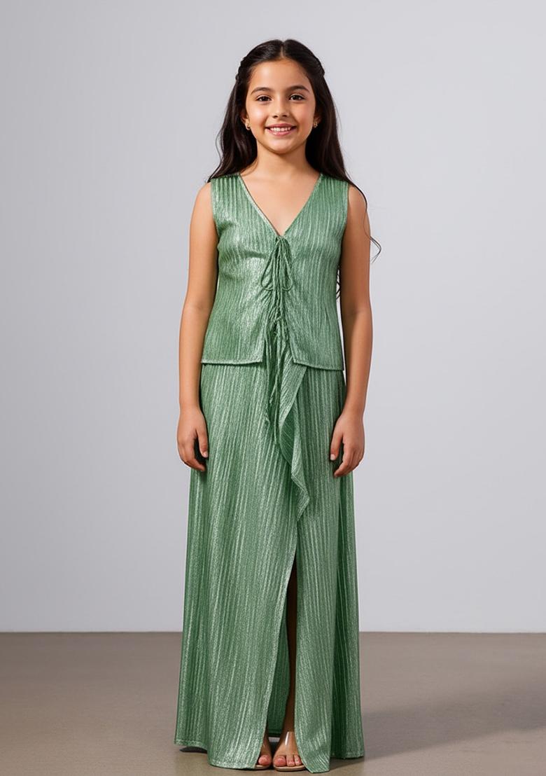 Green Satin Textured Fusion Set For Girls