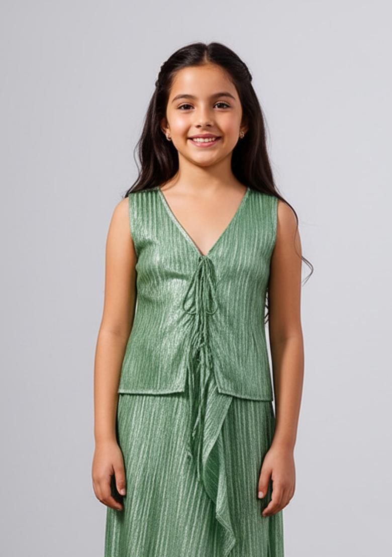 Green Satin Textured Fusion Set For Girls - Indya