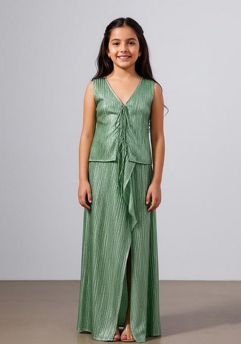 Green Satin Textured Fusion Set For Girls