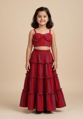 Red Cotton Strips Print Fusion Set For Girls