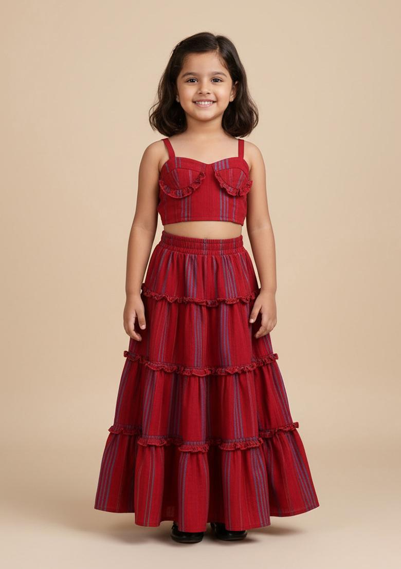 Red Cotton Strips Print Fusion Set For Girls