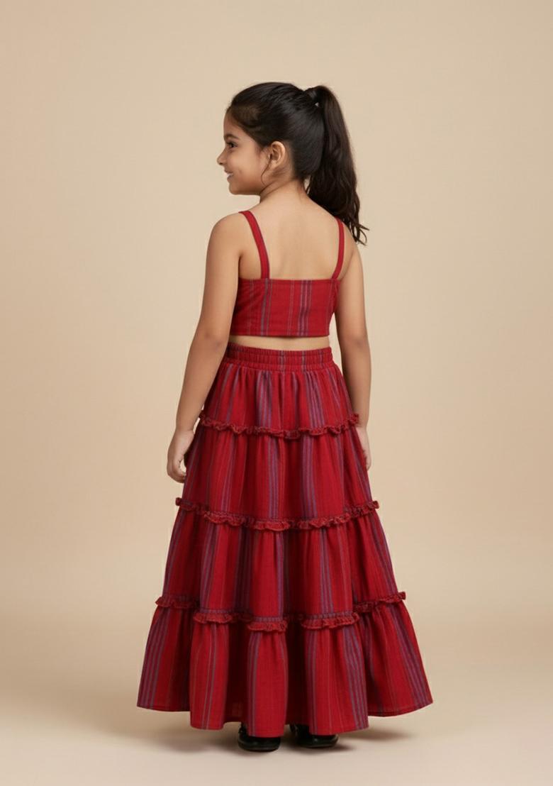 Red Cotton Strips Print Fusion Set For Girls