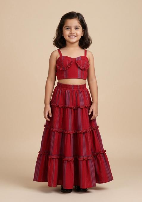 Red Cotton Strips Print Fusion Set For Girls