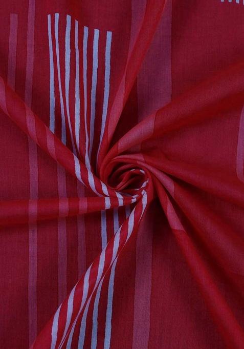 Red Cotton Strips Print Fusion Set For Girls
