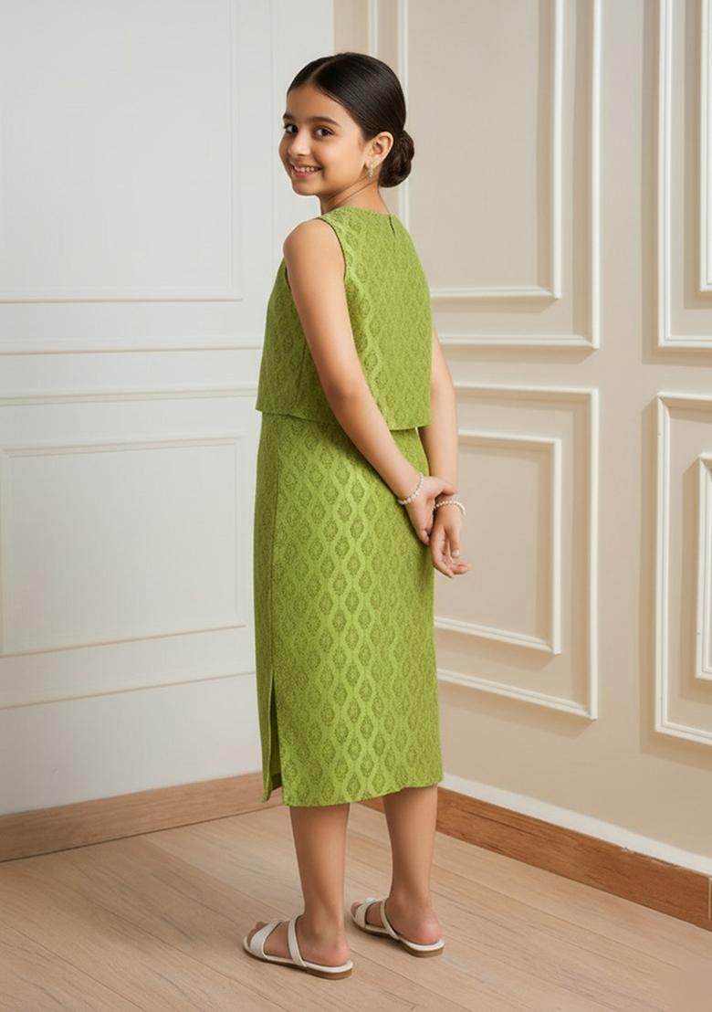 Light Green Brocade Fusion Set For Girls - Indya